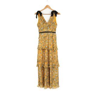 Yellow Floral Print Pleated Maxi Dress
